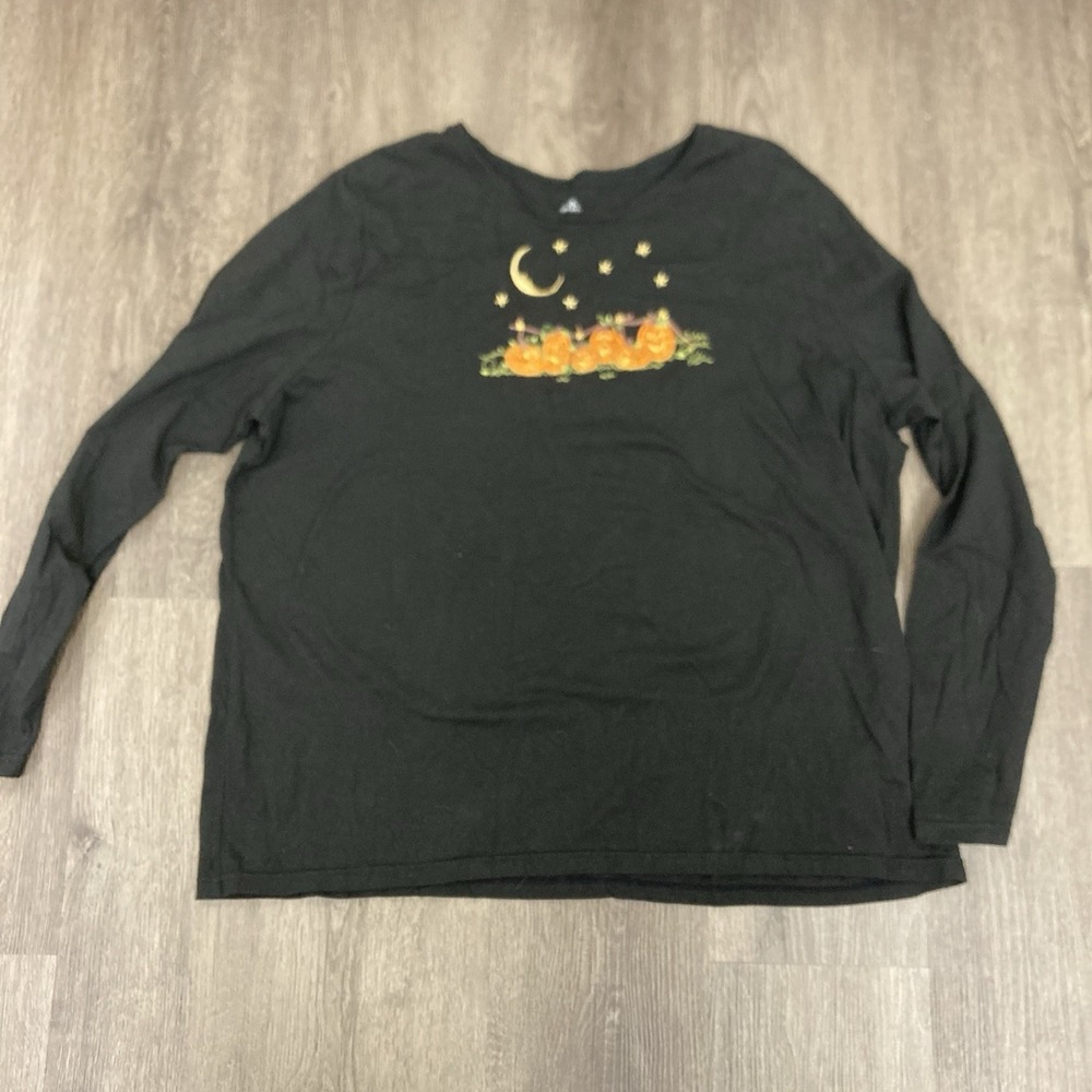 Womens 3X Halloween Pumpkin Embroidered Long Sleeve Shirt Black Moon Stars
